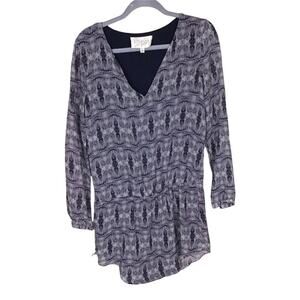 Rory Beca Women 100% Silk Drawstring Tunic Blue and White Sz. Sm Boho,Classic